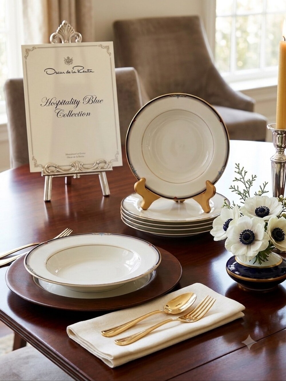 Oscar de la Renta L5573 Ivory and Gold Rim Ceramic Soup Rim Bowl - Set Of 4